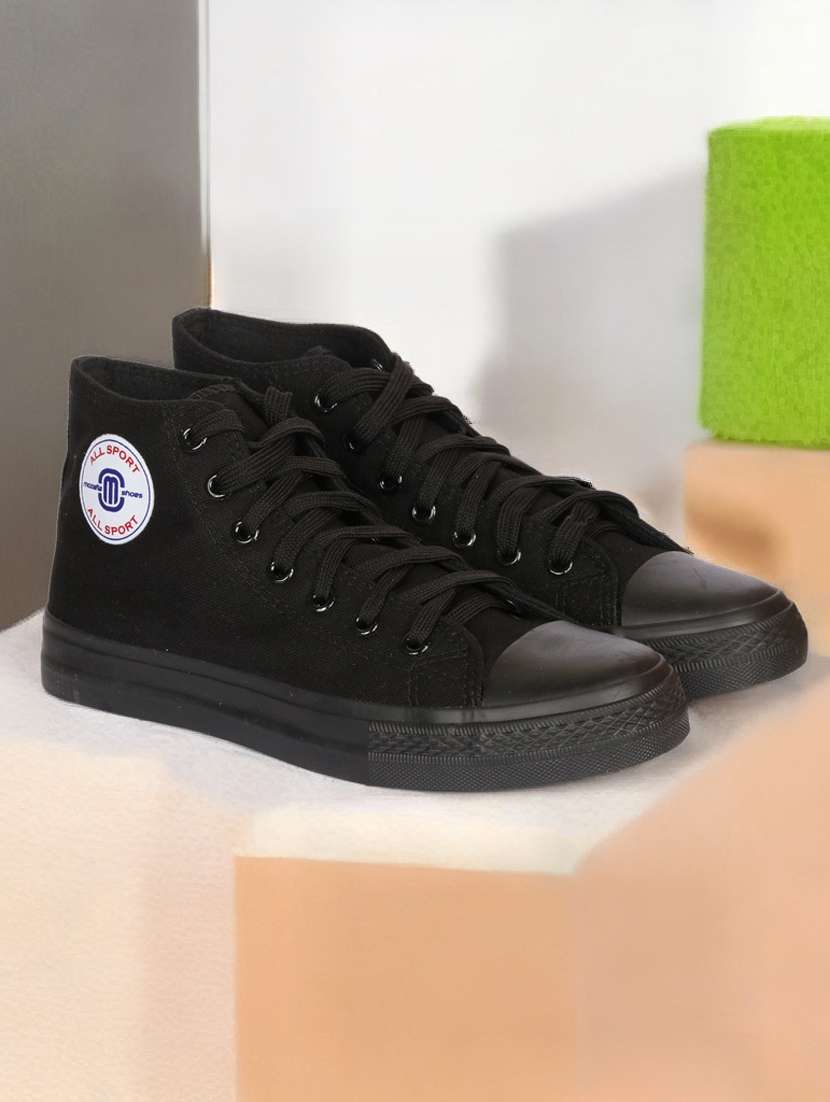men solid black high ankle lace up sneaker