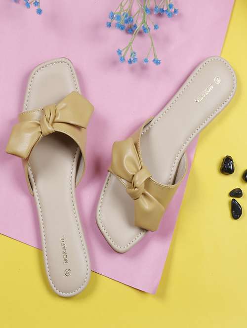 women solid lemon sherbet colored slip on flat sandal - 20425959 - Standard Image - 0