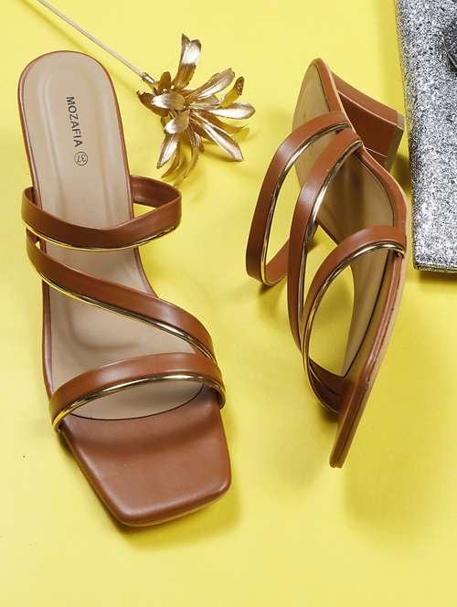 women solid tan slip on heels sandal - 20425989 - Standard Image - 0