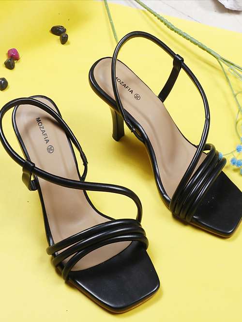 women solid black slip on heels sandal - 20426003 - Standard Image - 0