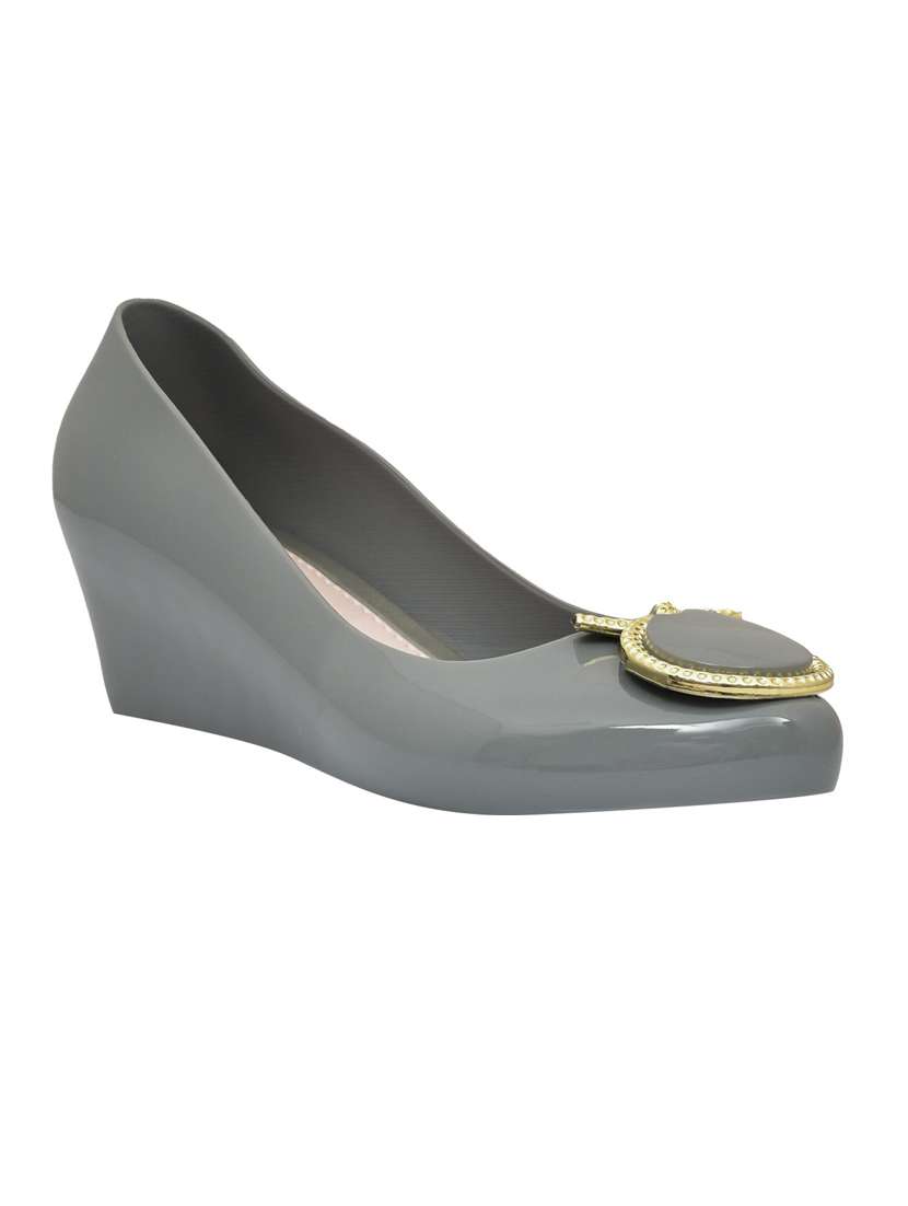 women solid grey embellished slip on wedges