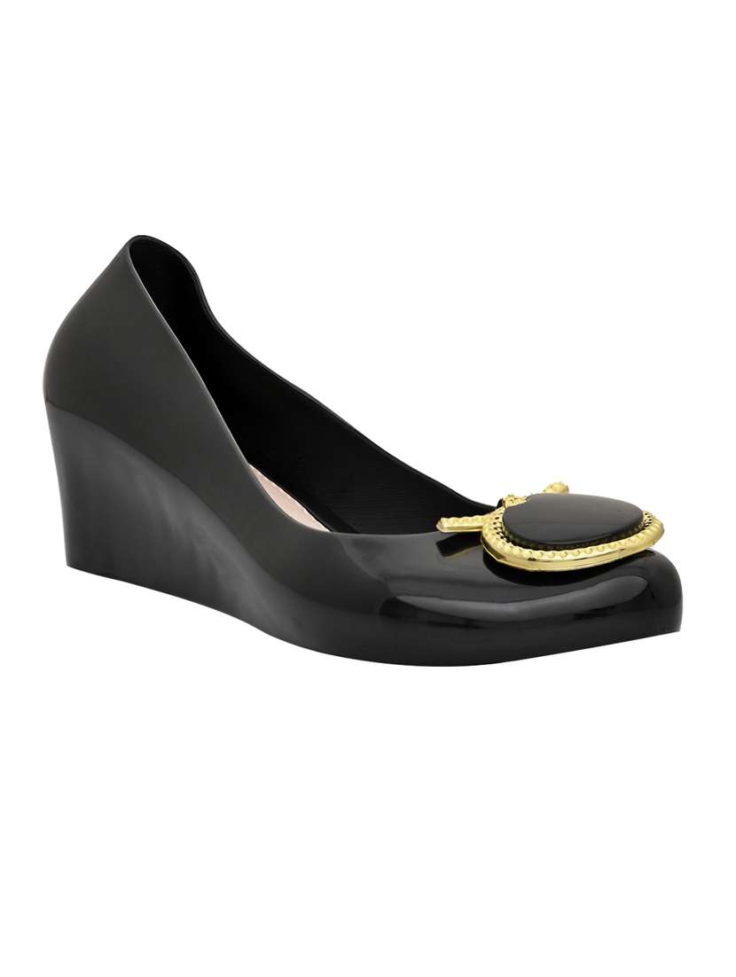 women solid black embellished slip on wedges