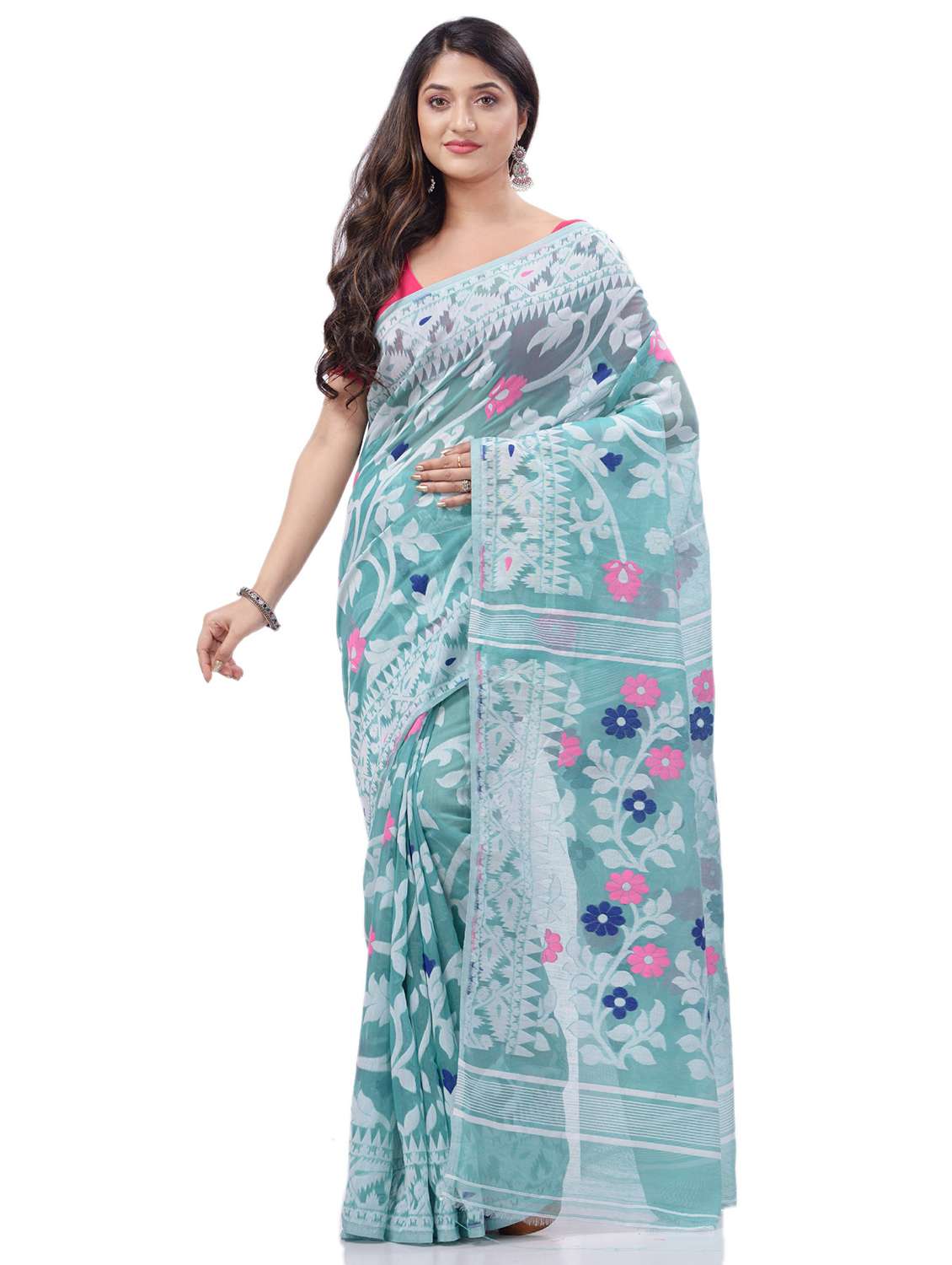 women's self design light blue colored saree with blouse