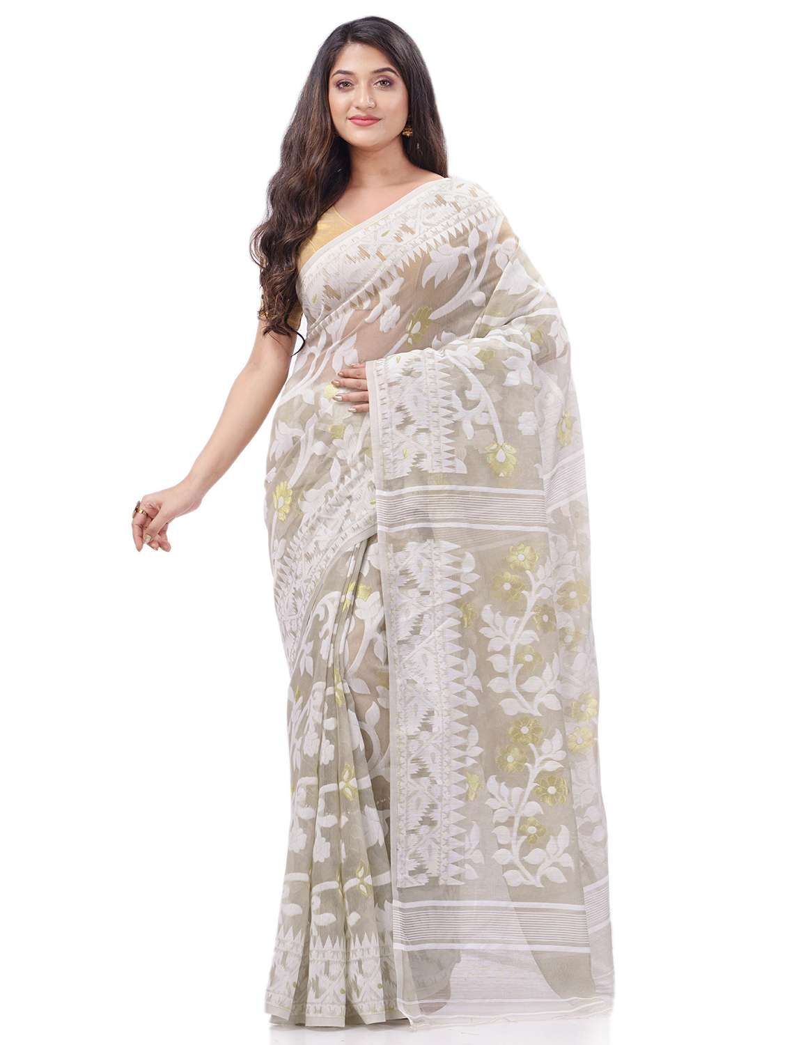women's self design grey colored saree with blouse