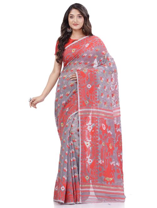 grey self design jamdani saree with blouse - 20427188 - Standard Image - 0