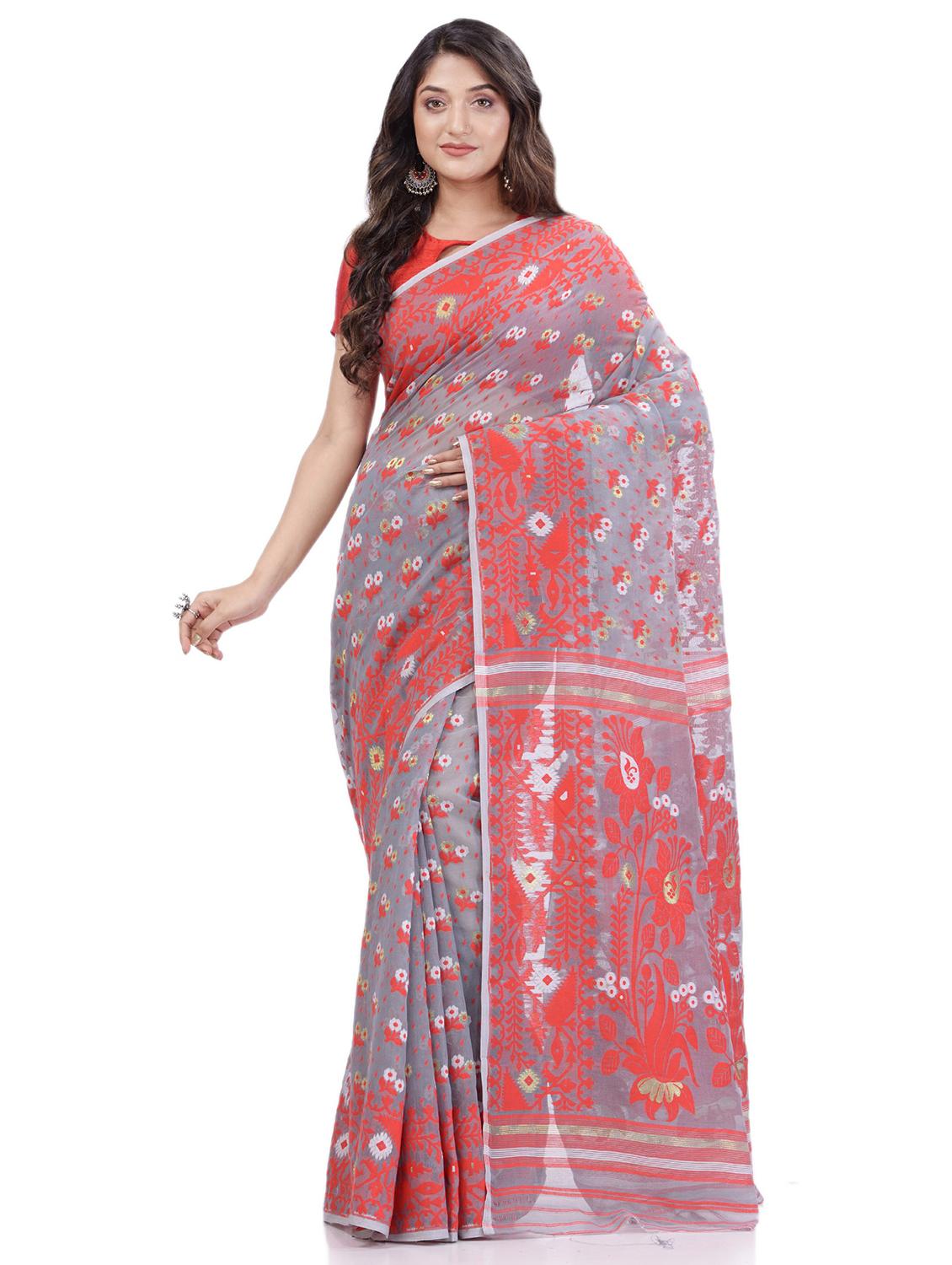 grey self design jamdani saree with blouse - 20427188 - Zoom Image - 0