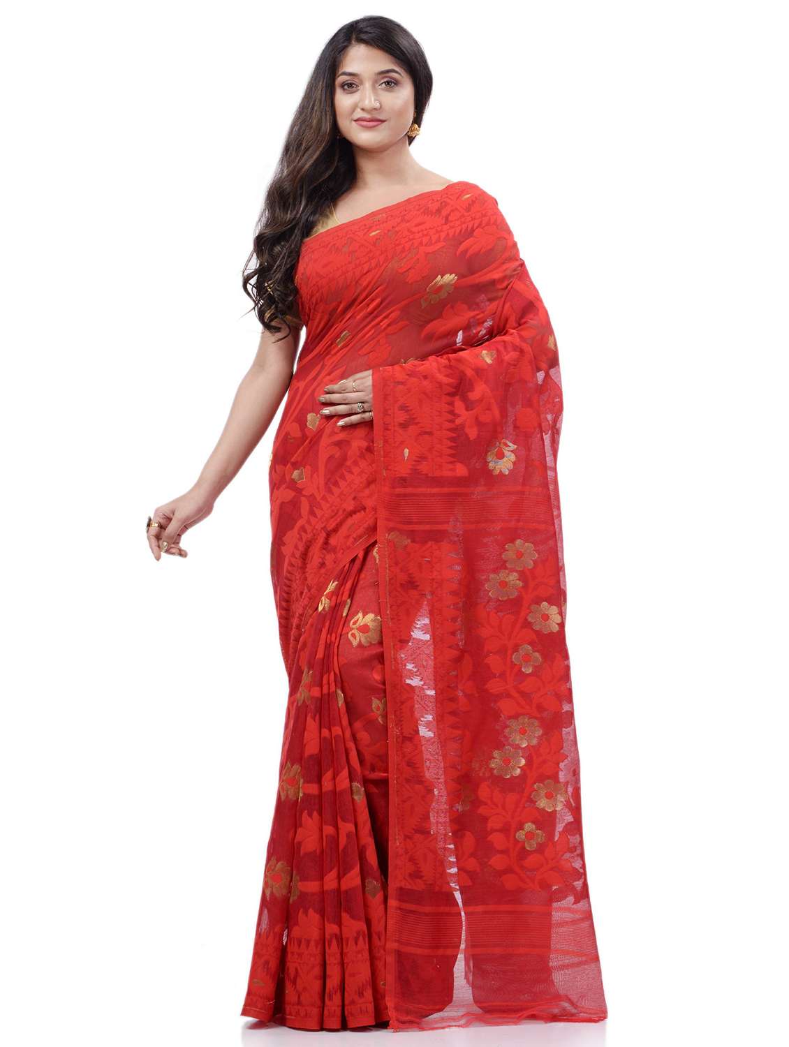 women's self design red colored saree with blouse