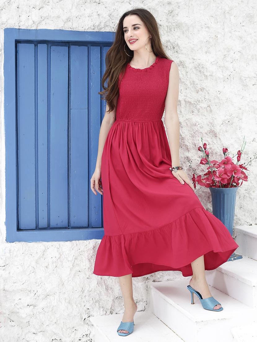red solid sleeveless fit & flare dress - 20427263 - Zoom Image - 0