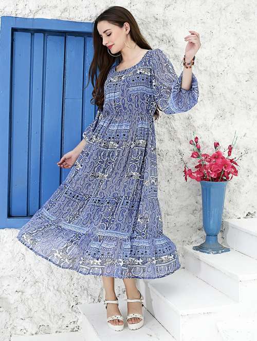 blue printed fit & flare dress - 20427276 -  Standard Image - 0