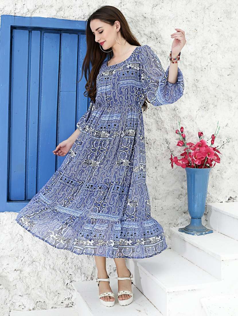 blue printed fit & flare dress - 20427276 -  Zoom Image - 0