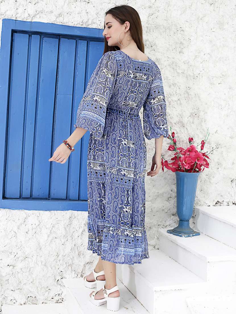 blue printed fit & flare dress - 20427276 - Standard Image - 3