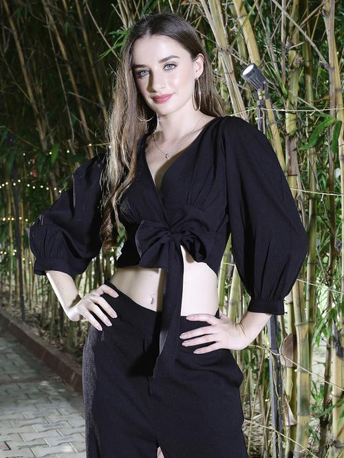 navy blue solid wrap top - 20427288 - Standard Image - 0