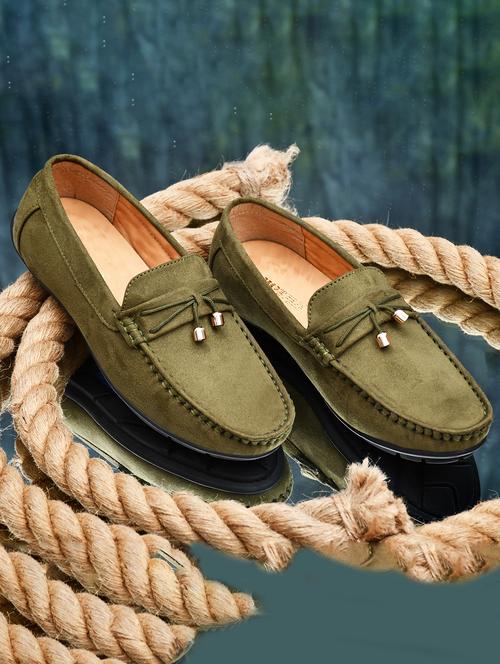 men solid olive suede slip on loafer - 20427421 - Standard Image - 0