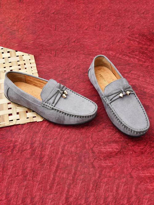 men solid grey suede slip on loafer - 20427424 - Standard Image - 0