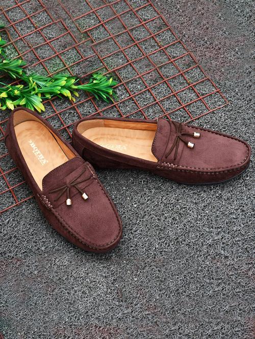 men solid brown suede slip on loafer - 20427428 - Standard Image - 0