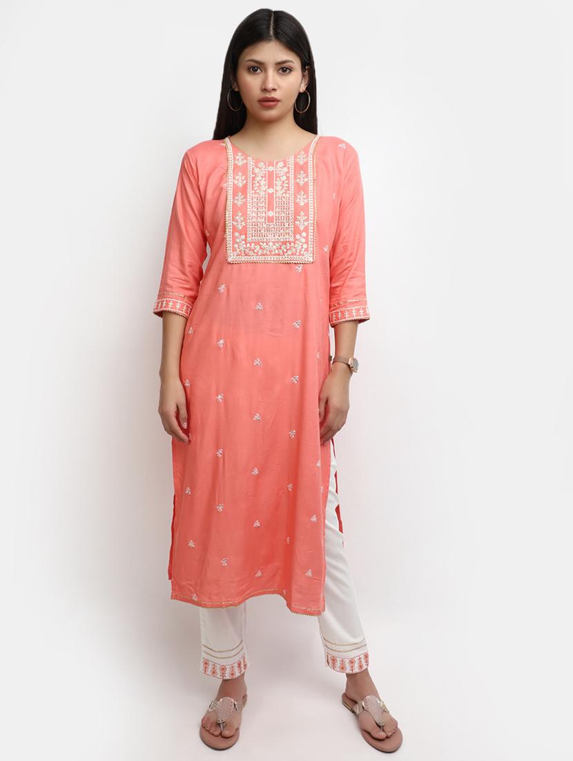 women peach round neck kurta pant set - 20427456 - Zoom Image - 0