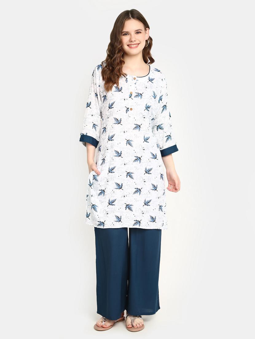 women white round neck kurta palazzo set
