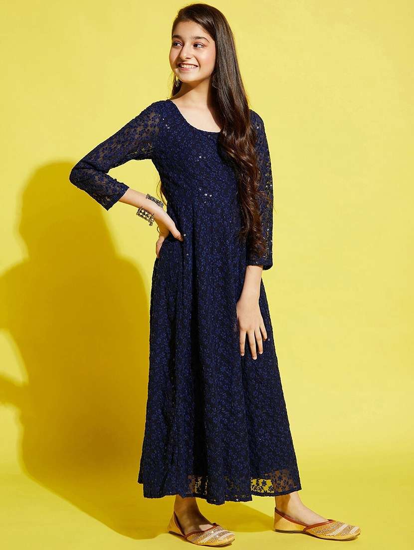 blue embroidered georgette party gown
