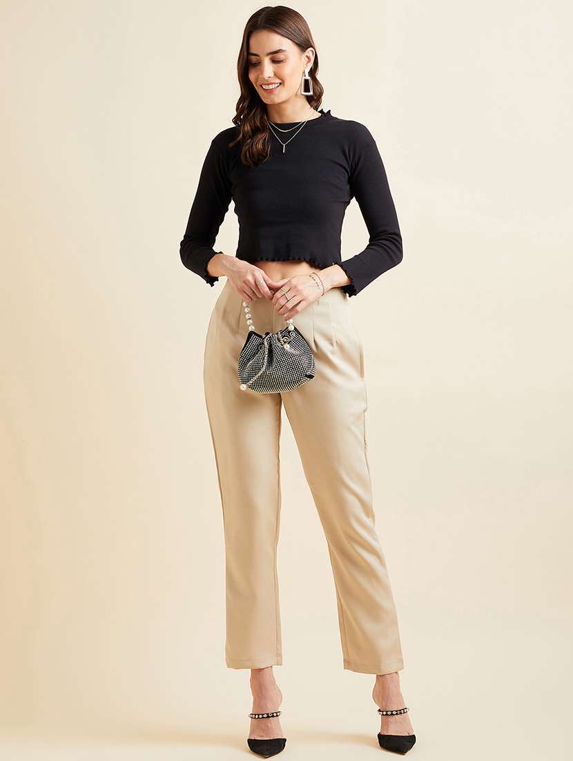 women beige polyester pleated trousers - 20428389 -  Standard Image - 3
