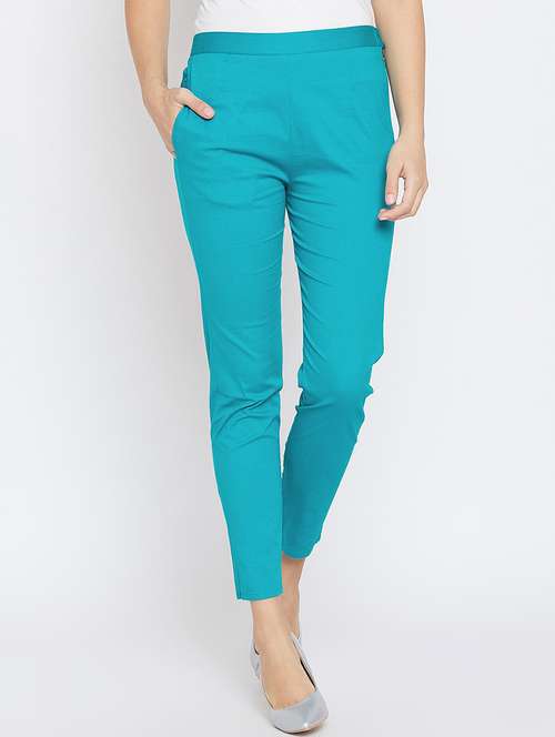 women solid turquoise blue cigarette pant - 20428424 -  Standard Image - 0