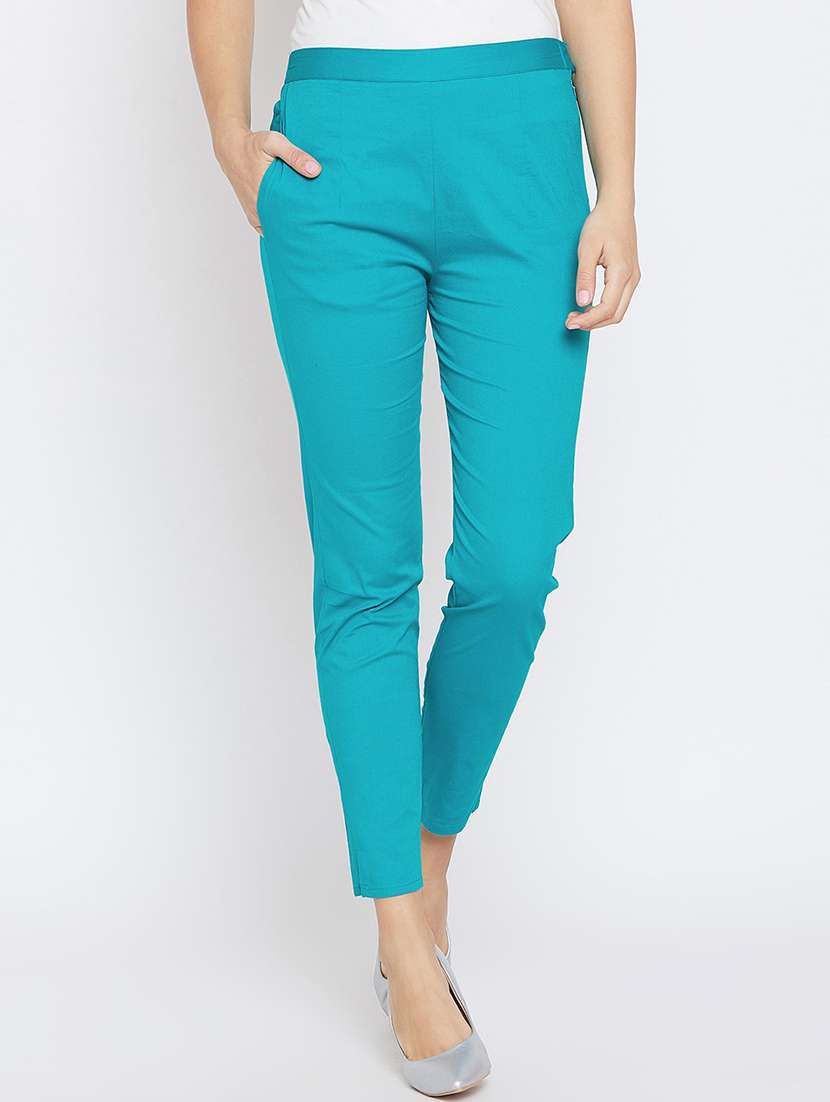 women solid turquoise blue cigarette pant