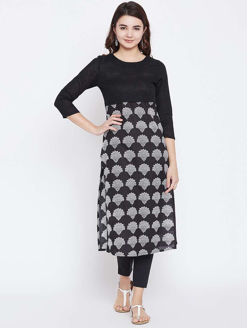 women black round neck straight kurta