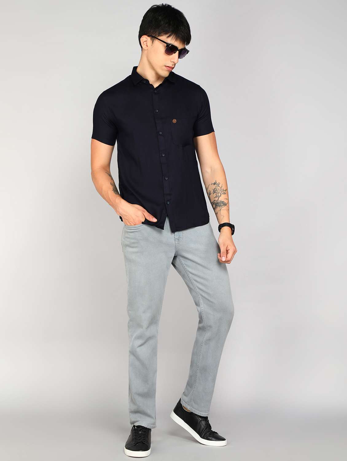 navy blue solid casual shirt - 20428691 -  Standard Image - 3