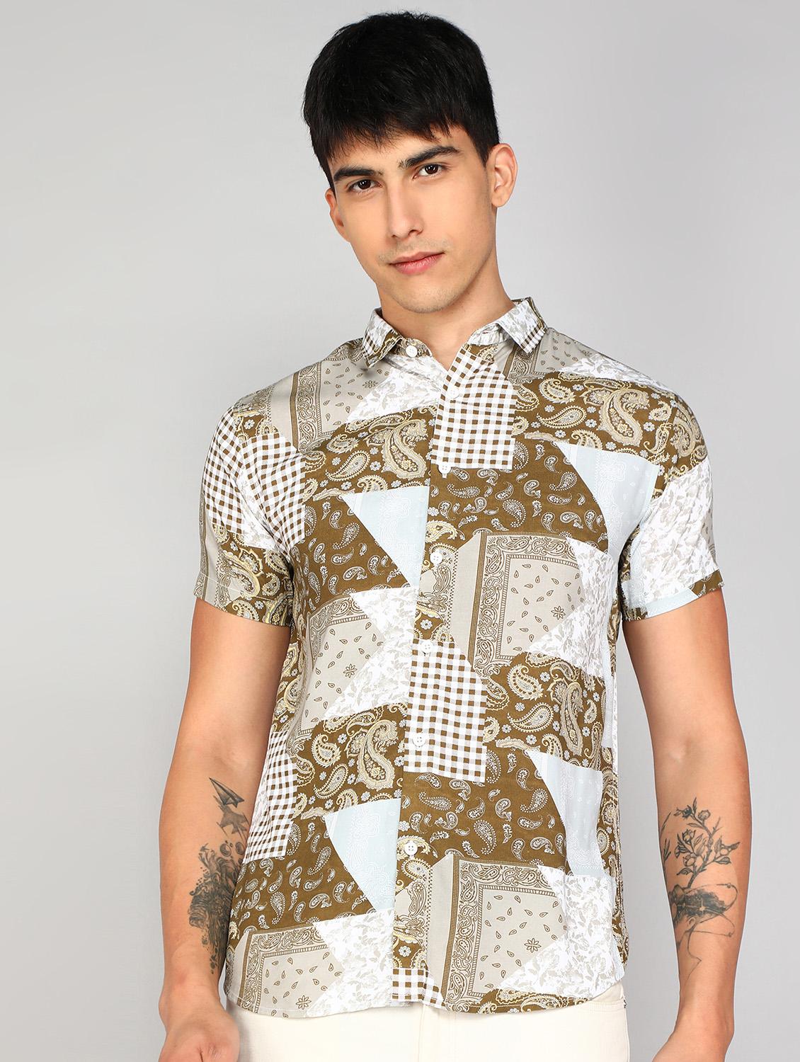 khaki printed casual shirt - 20428697 -  Zoom Image - 0