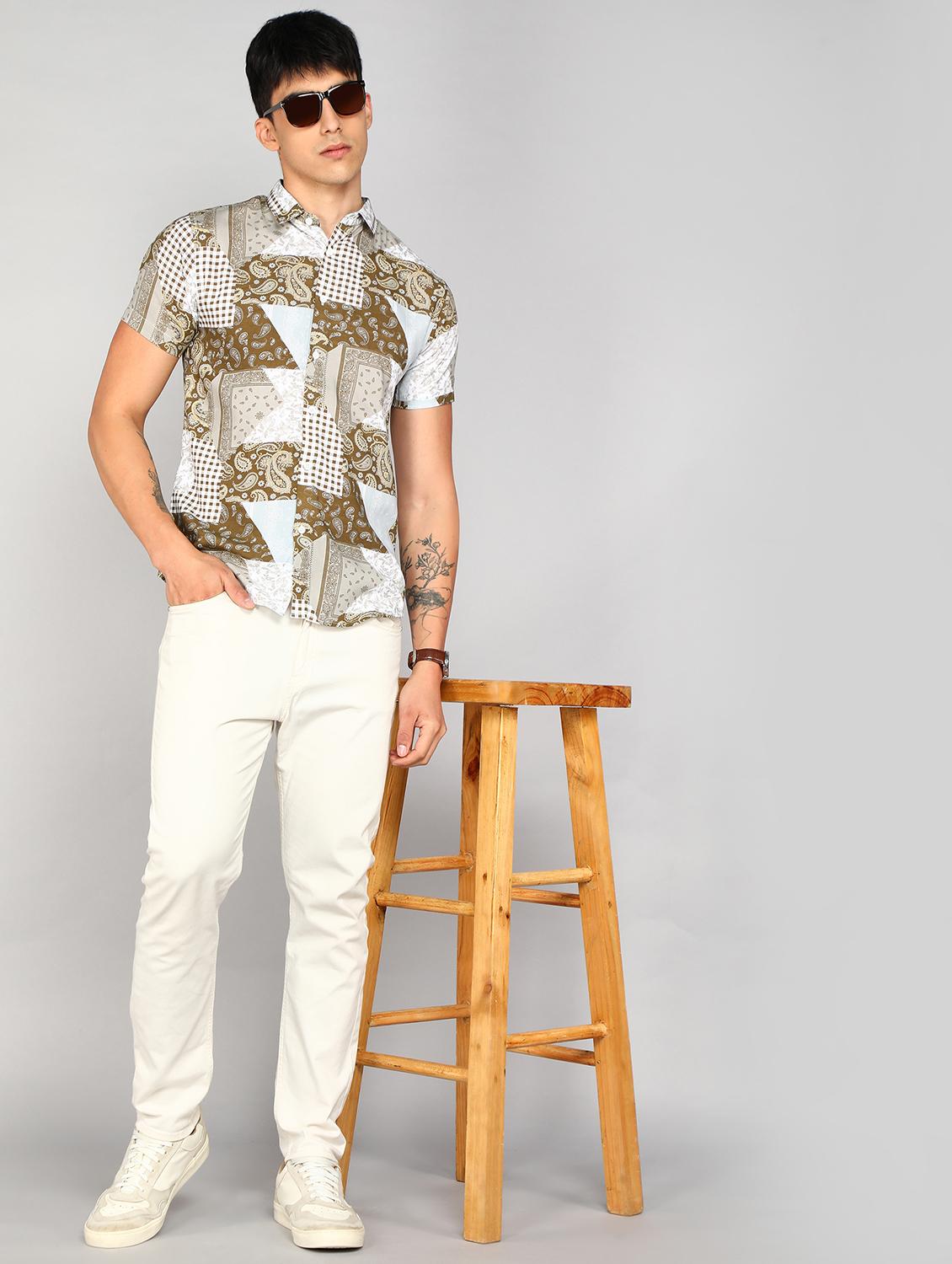 khaki printed casual shirt - 20428697 - Standard Image - 3