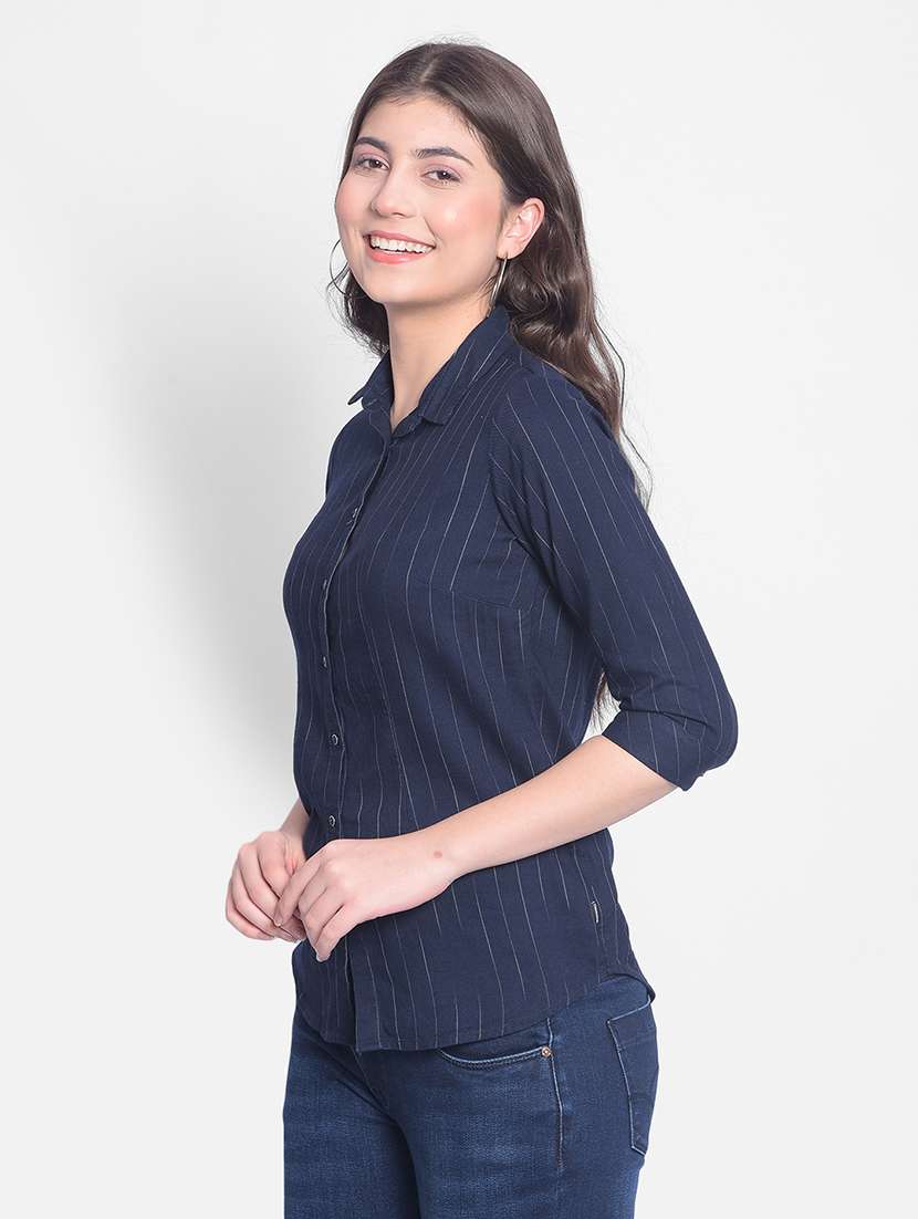 women navy blue striped regular shirt