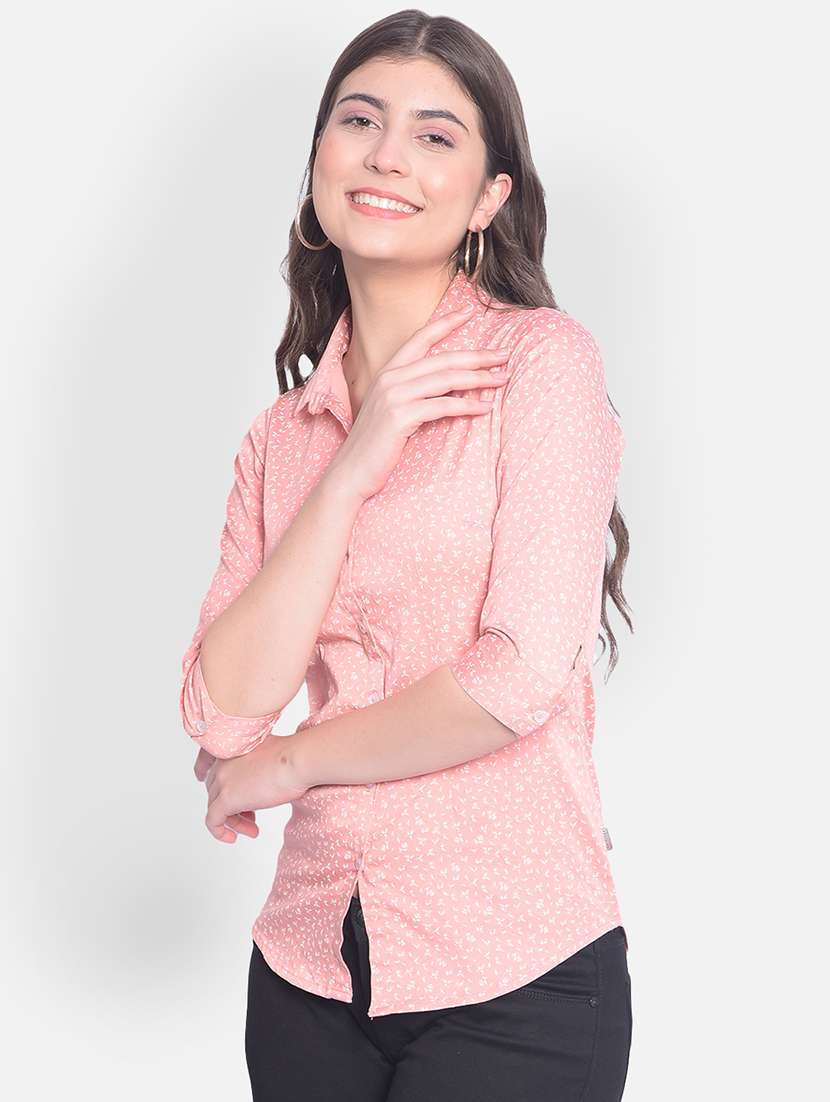 women peach printed three quater sleeves shirt