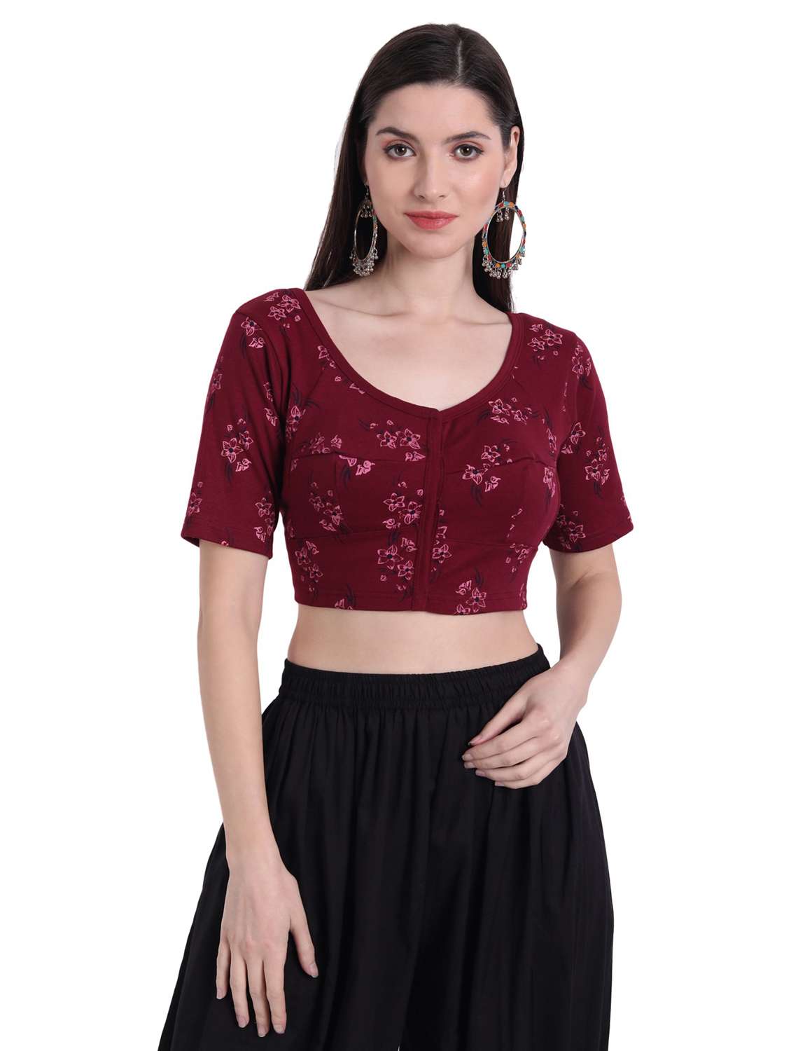 women maroon round neck stitched blouse - 20429952 - Zoom Image - 0