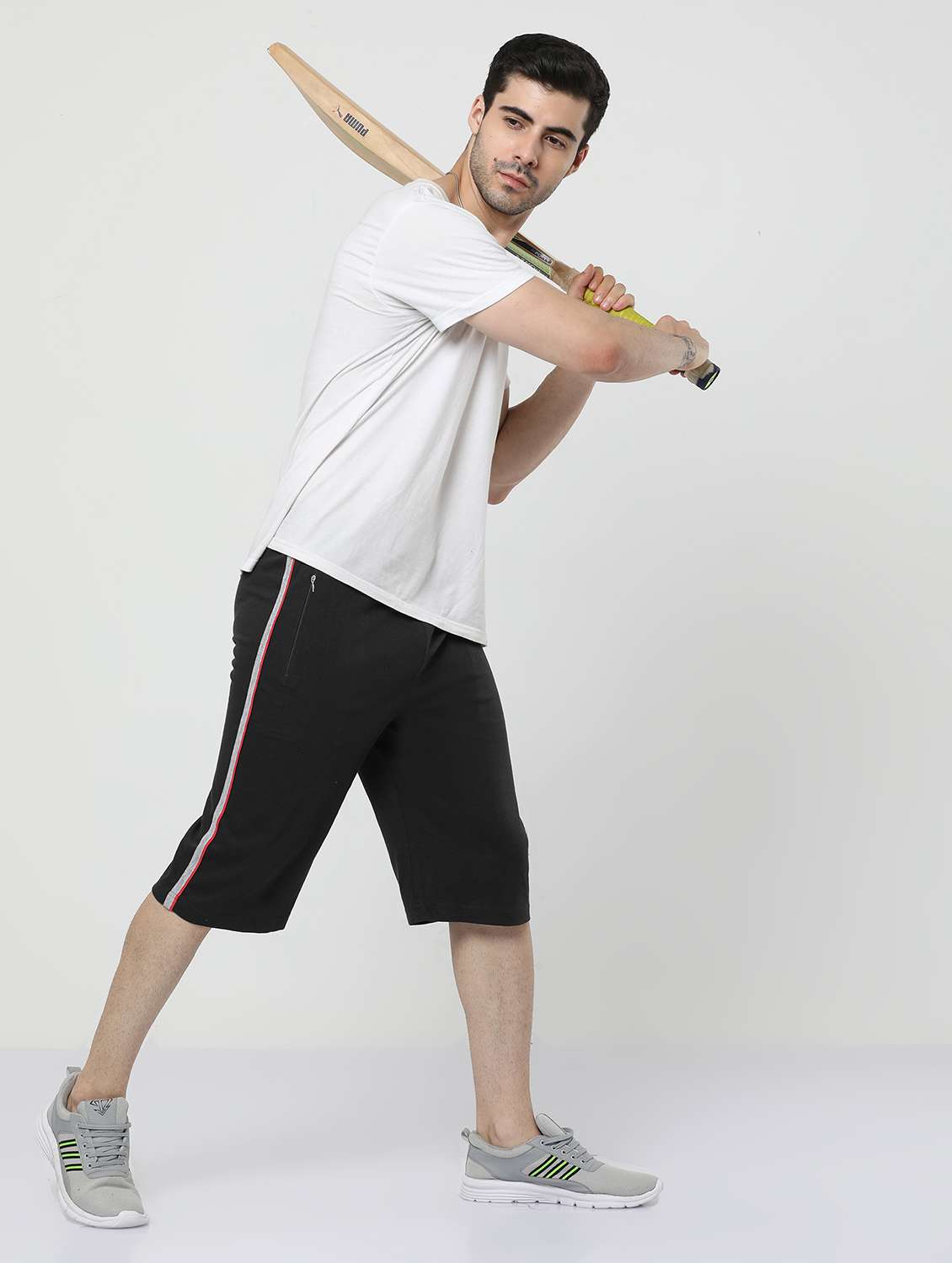 men side taped black cotton three - fourth - 20430593 -  Standard Image - 3