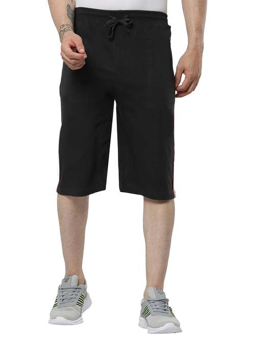 men solid black cotton three - fourth - 20430594 -  Standard Image - 0
