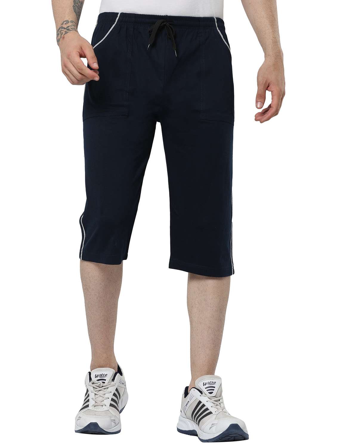 men side taped navy blue cotton three - fourth