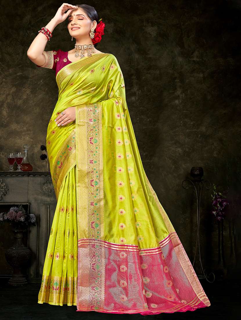 lime self design banarasi saree - 20431155 -  Zoom Image - 0
