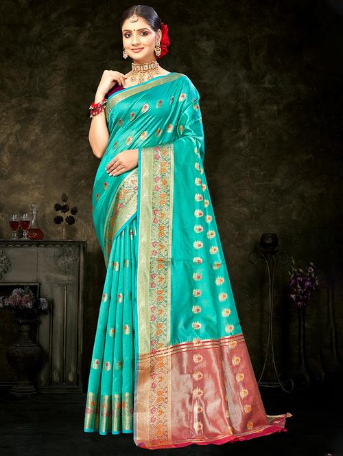 turquoise self design banarasi saree - 20431165 - Standard Image - 0