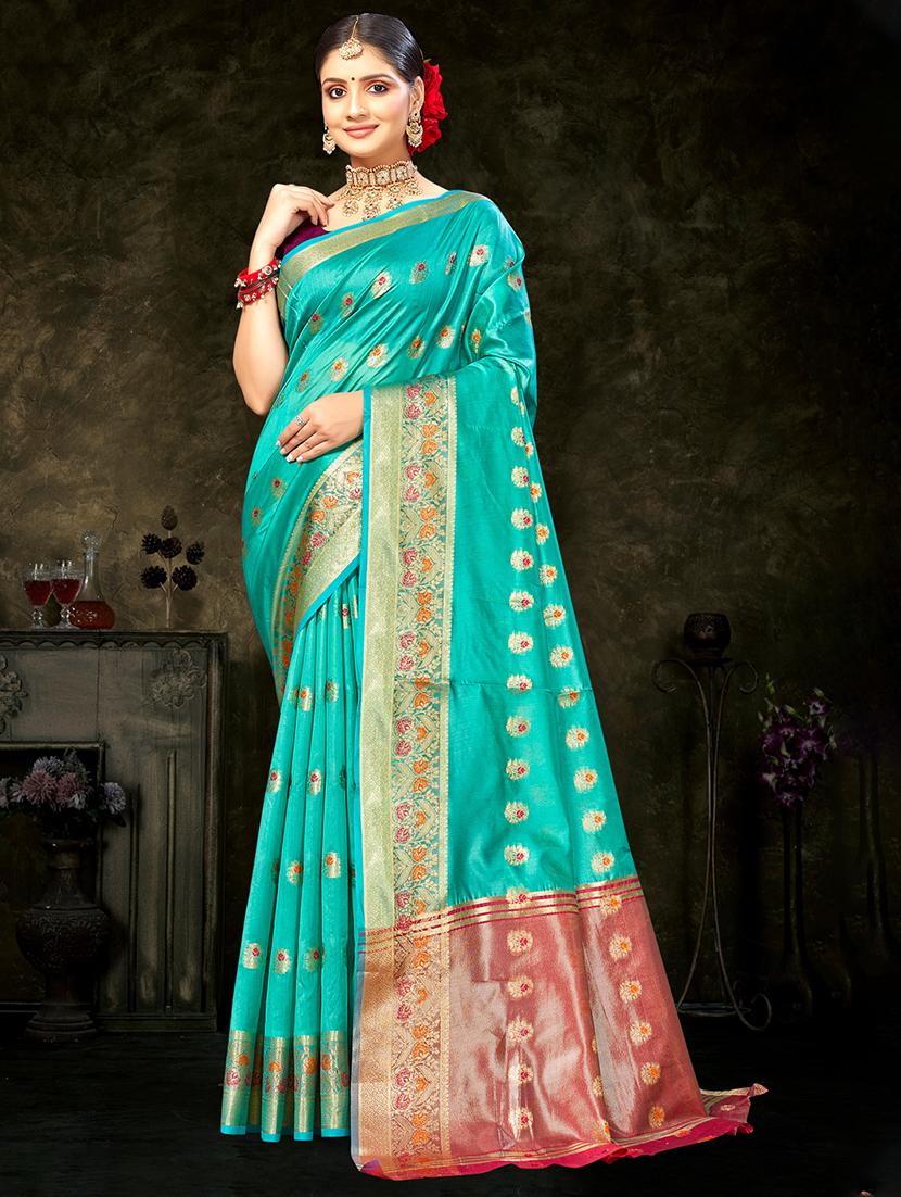 turquoise self design banarasi saree - 20431165 - Zoom Image - 0
