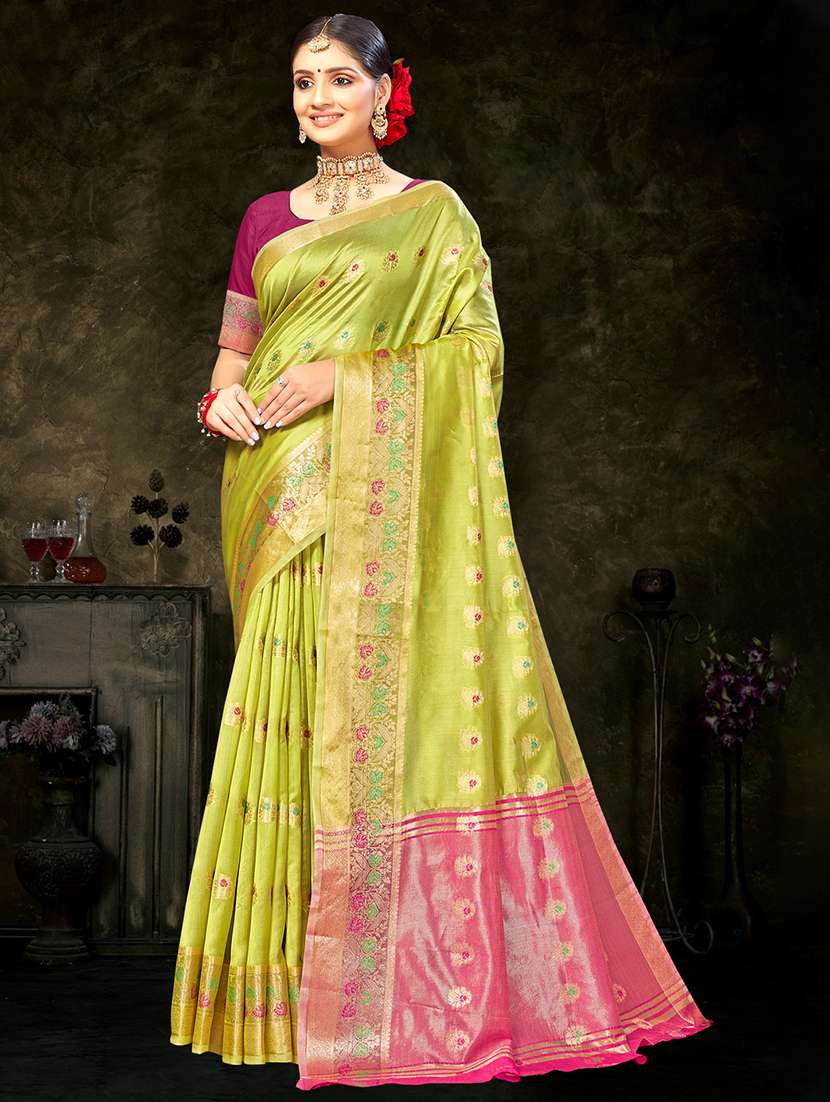 lime self design banarasi saree - 20431166 - Zoom Image - 0
