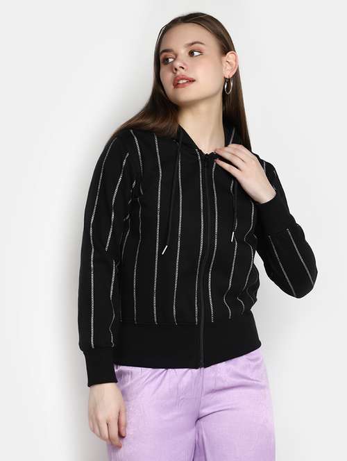 women black striped hooded neck sweatshirt - 20431222 - Standard Image - 0