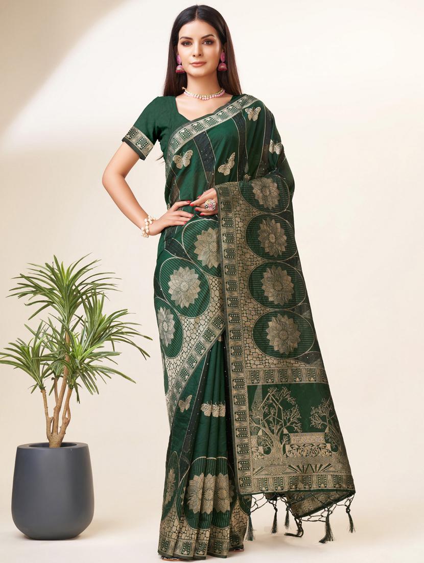 bottle green self design banarasi saree - 20433944 - Zoom Image - 0