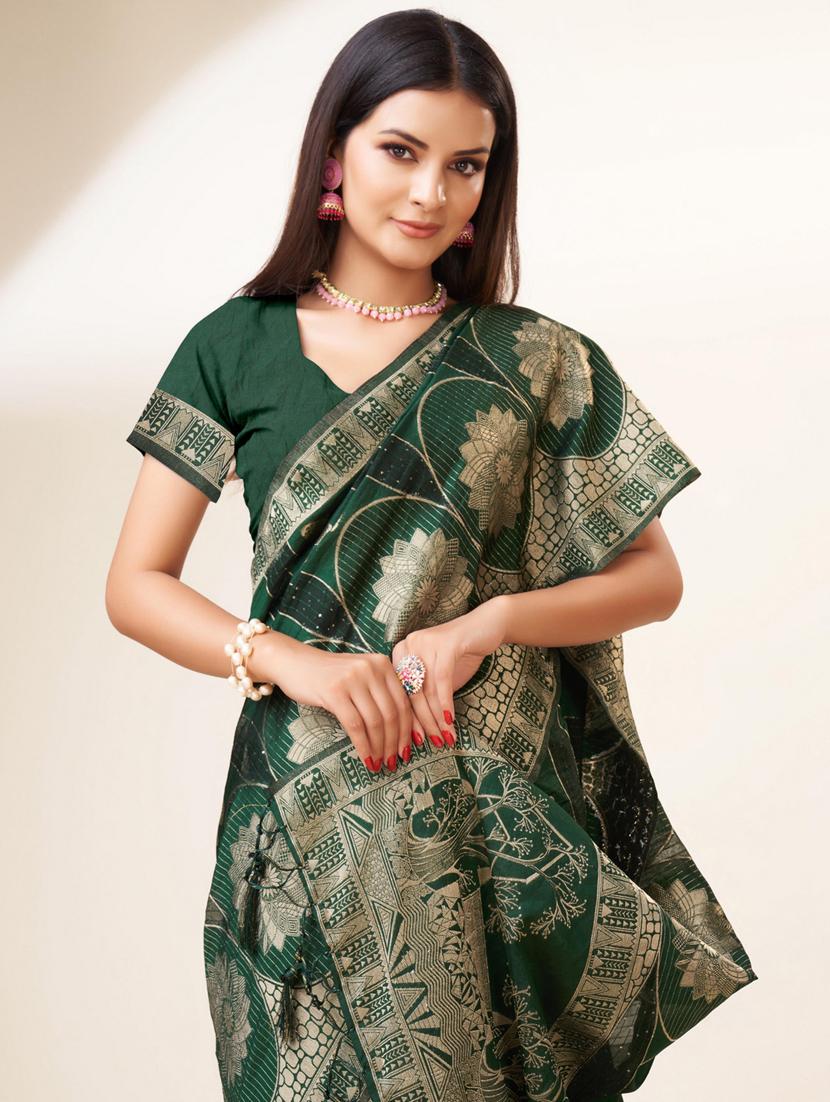bottle green self design banarasi saree - 20433944 - Standard Image - 3