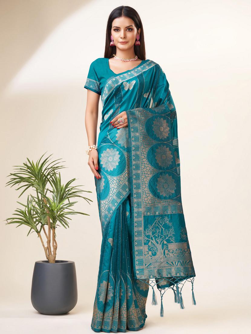 turquoise self design banarasi saree - 20433947 - Zoom Image - 0