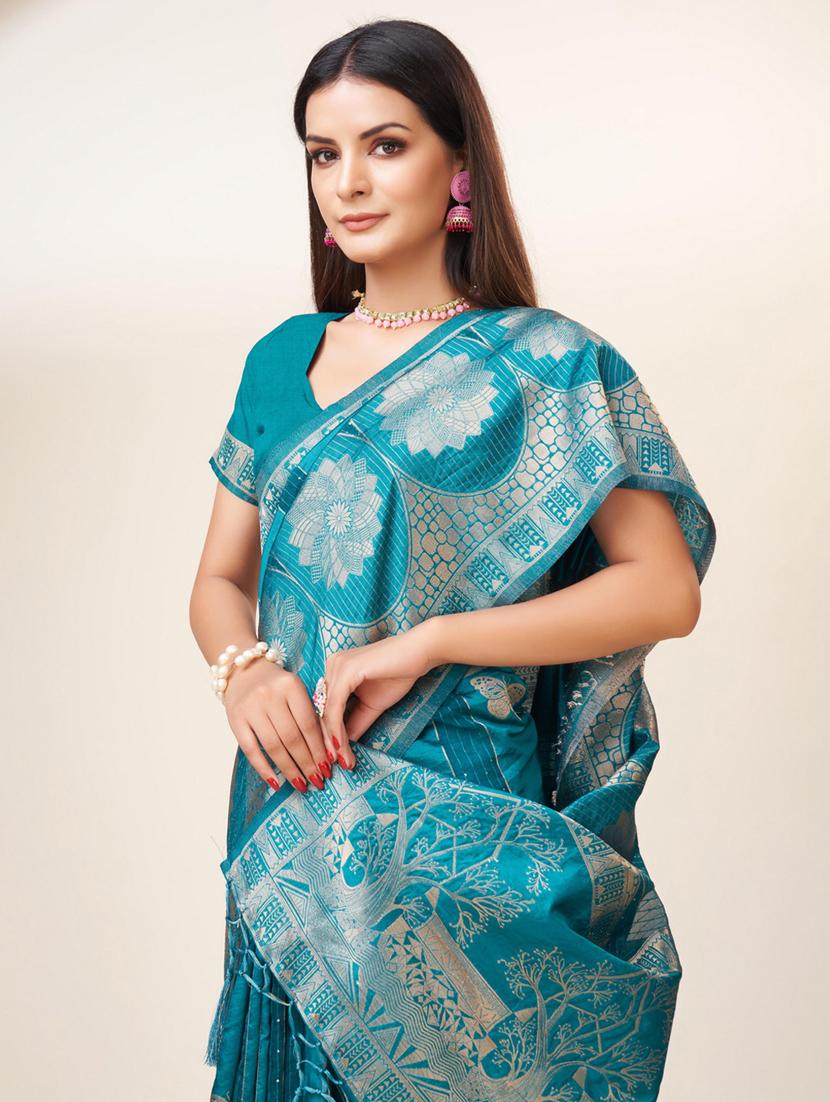 turquoise self design banarasi saree - 20433947 - Standard Image - 3
