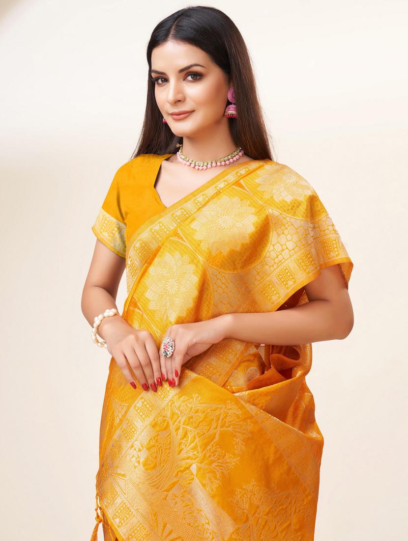 yellow self design banarasi saree - 20433949 - Standard Image - 3