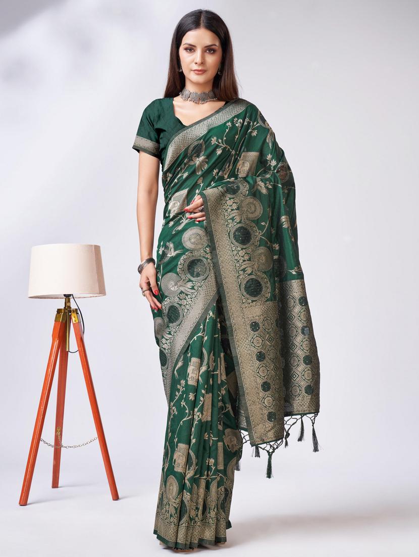 bottle green self design banarasi saree - 20433950 - Zoom Image - 0