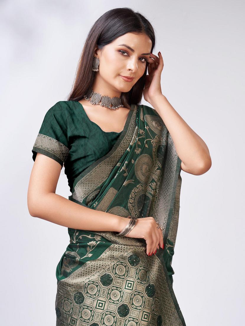 bottle green self design banarasi saree - 20433950 - Standard Image - 3
