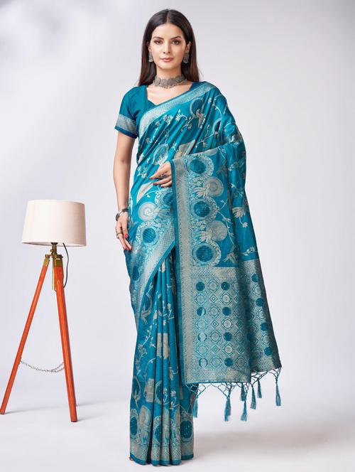 turquoise self design banarasi saree - 20433953 - Standard Image - 0