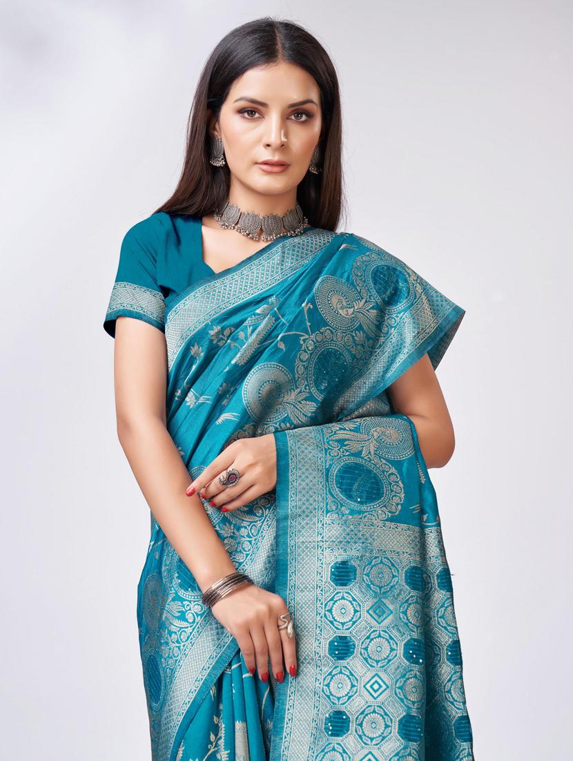 turquoise self design banarasi saree - 20433953 - Standard Image - 3