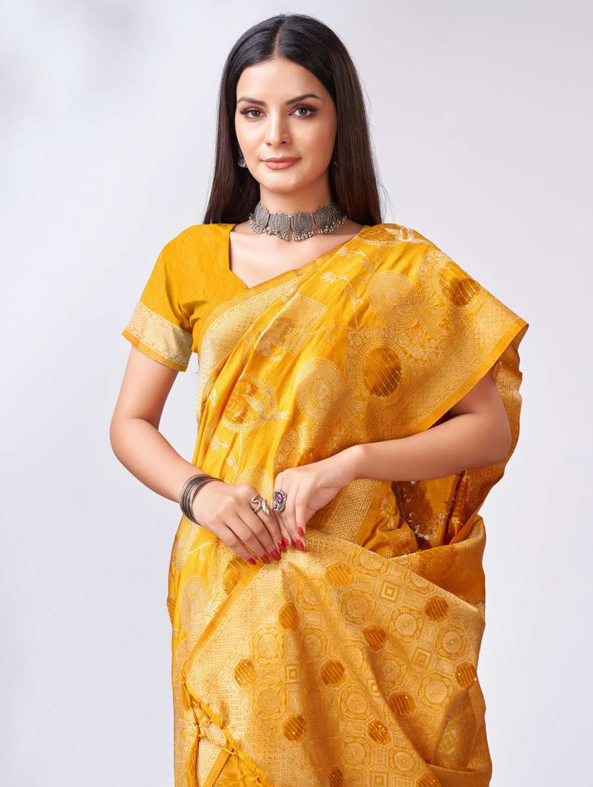 yellow self design banarasi saree - 20433955 -  Standard Image - 3